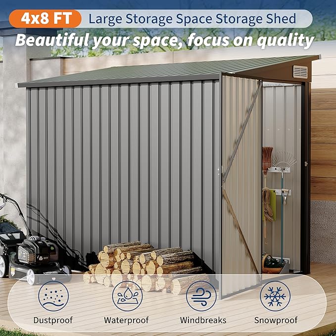 4×8 FT Lean to Storage Shed, Heavy-Duty Outdoor Metal Storage Shed, Garden Tool Metal StorageHouse W/Lockable Door and 2 Air Vents