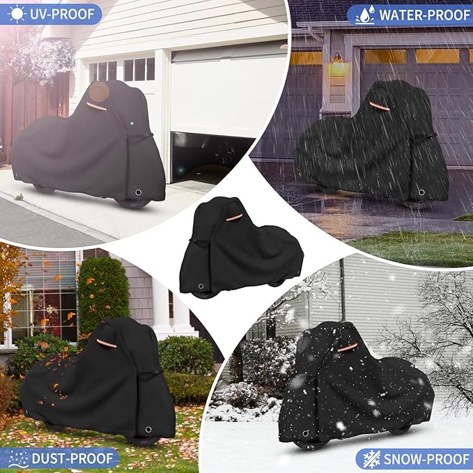 STARTWO Motorcycle Covers Waterproof Outdoor Storage Heavy Duty All Season Universal Vehicle Cover for Harley Davidson Sport, Cruisers, Softail, Adventure Series and Most Motorcycles 96"x43"x55" Black