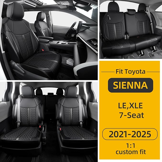 Custom Fit Sienna Seat Covers for Toyota Sienna LE,XLE 2021-2025 3-Row Accessories Full Coverage Waterproof Leather Car Seat Covers Full Set (Black, 7-Seat)