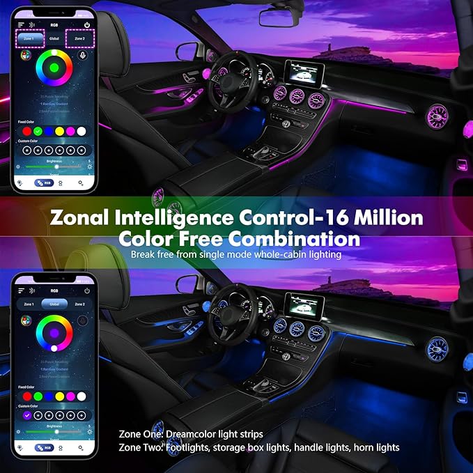 New Version Dreamcolor Acrylic Car Interior Lights 18 in 1 RGB Car Ambient Lighting Kit APP Control Zoned Control System 252 Color Modes DIY 16 Million Colors Music Sound Active Neon LED Strip Lights
