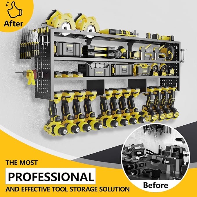 Large Power Tool Organizer Wall Mount, 4 Layer 49" W Heavy Duty Metal Tool Storage Rack with 12 Drill Holder, Utility Racks for Garage Workshop, Ideal Garage Organization Gifts for Men