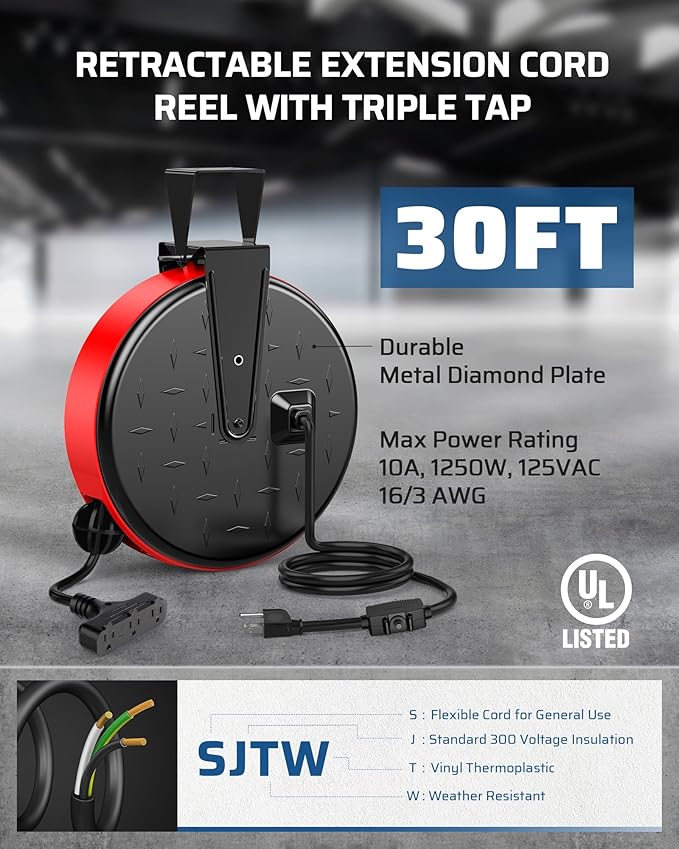 DEWENWILS 30 Ft Retractable Extension Cord Reel, Ceiling or Wall Mount 16/3 Gauge SJTW Power Cord with 3 Electrical Outlets Pigtail for Garage and Shop, 10 Amp Circuit Breaker, Metal Plate, UL Listed