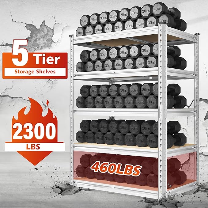REIBII 72.05" H Storage Shelves 2300LBS Garage Shelving Heavy Duty Metal Shelving 5 Tier Garage Shelves Adjustable Metal Shelf for Kitchen Basement Pantry 35.45" W x 17.72" D x 72.05" H
