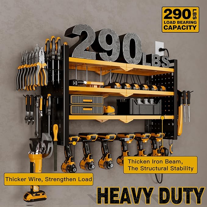 Power Tool Organizer Wall Mount with Charging Station 4 Layer 6 Slot Cordless Drill Holder with Angle Grinder Holder (Yellow)