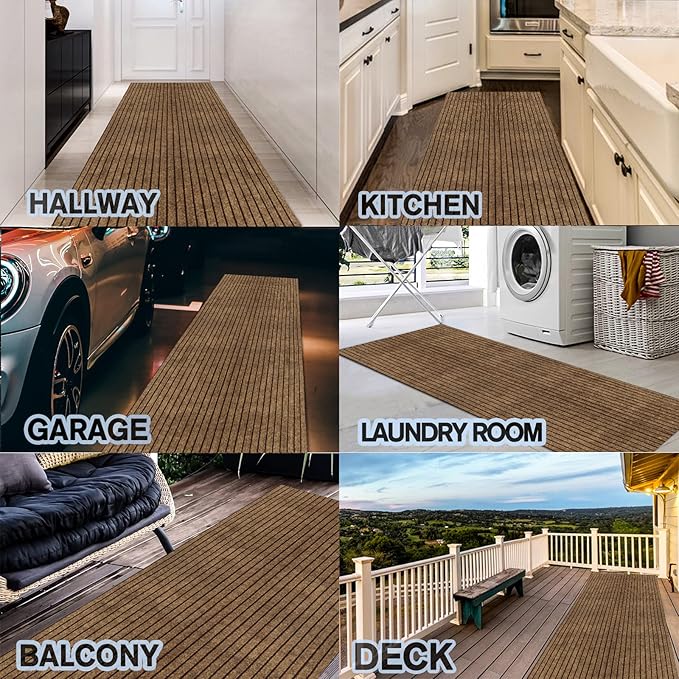 Custom Size Backed Non-Slip Area Rugs Runner, Easy Clean, Waterproof Runner Rugs for Hallway Entryway, Kitchen, Laundry, 4FT x 33FT, Brown Stripe