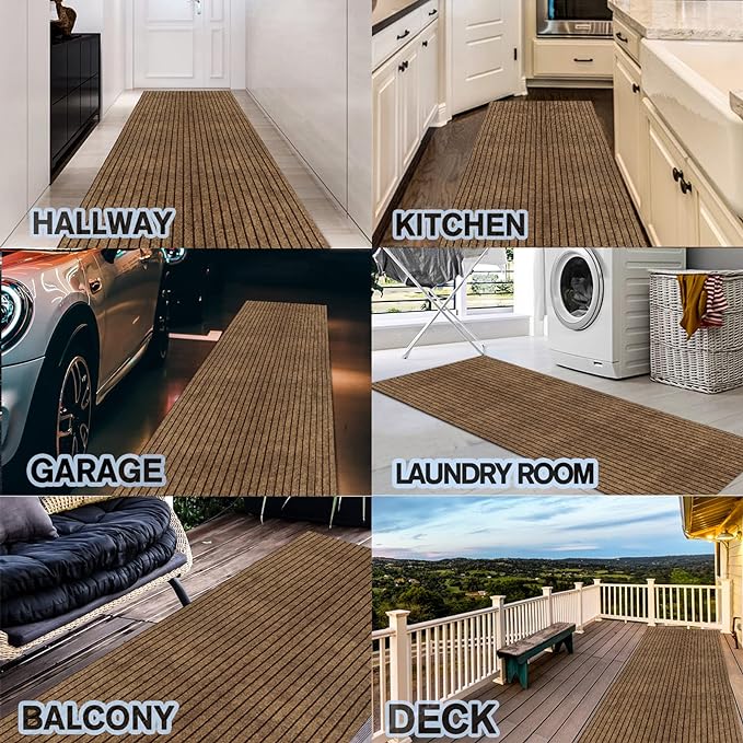 Custom Size Backed Non-Slip Area Rugs Runner, Easy Clean, Waterproof Runner Rugs for Hallway Entryway, Kitchen, Laundry, 4FT x 80FT, Brown Stripe