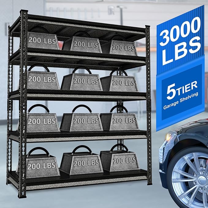 Garage Shelving Heavy Duty 3000LBS Loads, 48" W Adjustable Garage Storage Shelves, 5-Tier Metal Shelving Units and Storage, Industrial Utility Shelf, 48" Wx24 Dx78 H,Silver