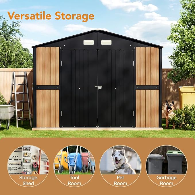 10X12 FT Outdoor Steel Storage Shed with Lockable Doors, 2 Windows, Garden Shed Ideal for Backyard, Patio Storage,Chicken Coop(Wood Panels & Frame Floor Not Included)