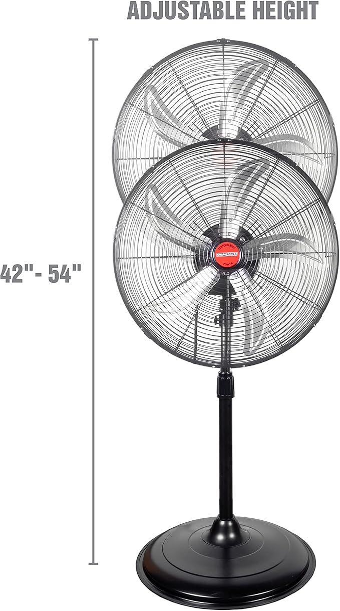 OEMTOOLS OEM24871 20" Oscillating Pedestal Fan, Adjustable Height for Garage, Shop, Gym, Warehouse 4500 CFM Airflow, 3-Speed Enclosed Motor, 5 Aluminum Blades, Dust-Resistant Industrial Purpose