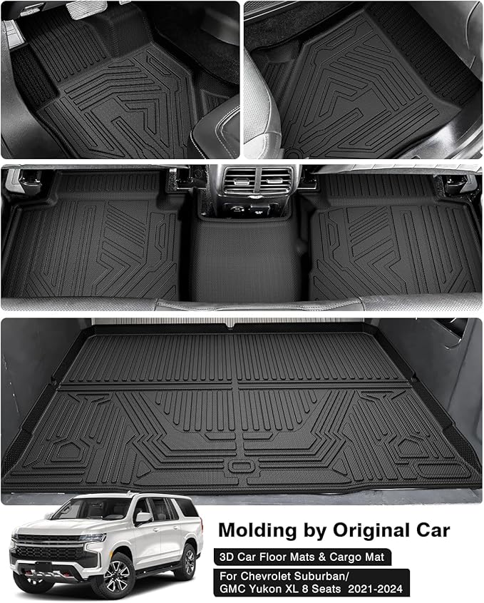 Powerty Floor Mats & Cargo Liner for 2021-2024 2025 Chevy Chevrolet Suburban/GMC Yukon XL 8 Seats Accessories Floor Mats 2 Row Liner Set All Weather TPE 3D Floor Liners&Rear Cargo Mat