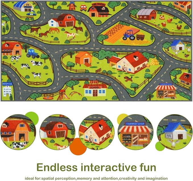 STARUIA Washable Kids Carpet Playmat Rug for Boys Room, 79"x39" Large Toddler Car Rug for Kids Toy Cars, Fun Learning Farm Play Mat Road Rugs for Kids Room Bedroom Playroom