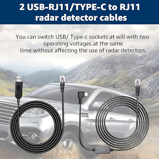 USB-C to RJ11 & USB to RJ11 Radar Detector Cables, 6.56Ft Each, Compatible with Escort, Uniden, Beltronics, Cobra, Radenso XP & More (Premium Replacement Power Cords)