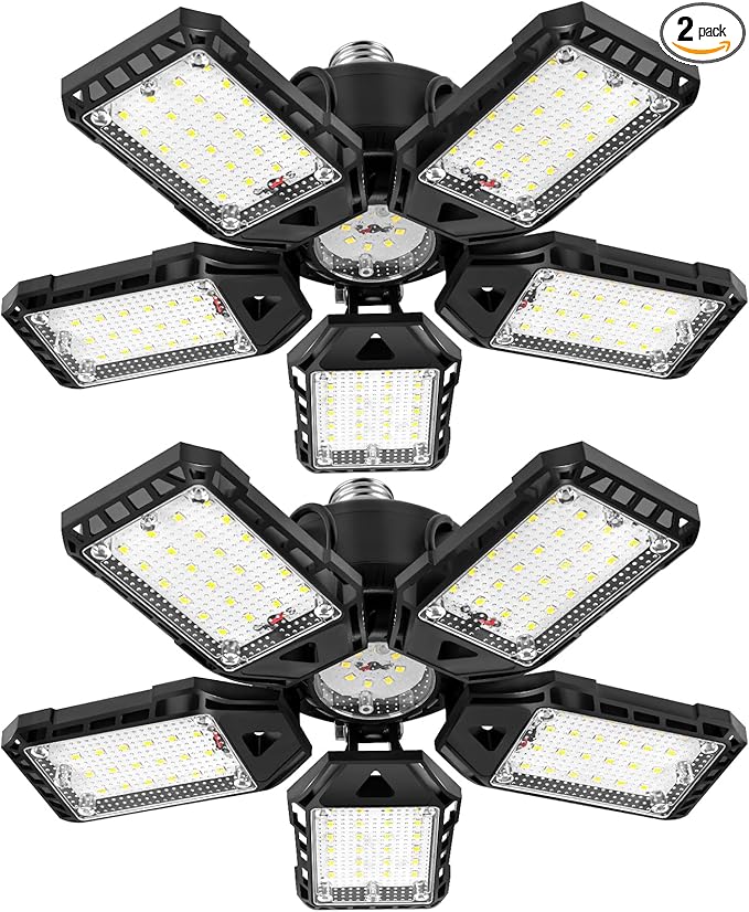 2-Pack LED Garage Lights - 160W, 16000LM 6500K with 5+1 Deformable Panels, Indoor Shop Light, E26/E27 for Garage, Warehouse, Shop, Basement