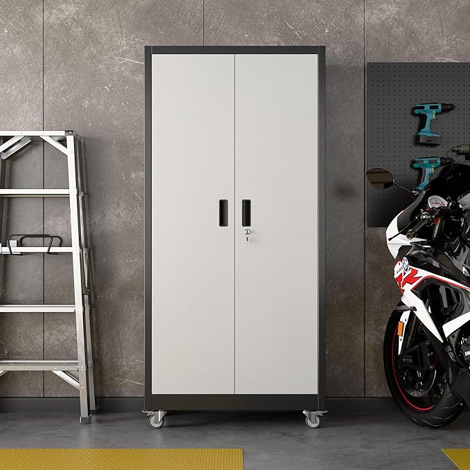 71"H×32"W×16"D Garage Storage Cabinet with Wheels & Pegboard, Locking Metal Storage Cabinet with Doors and 5 Adjustable Shelves & & 4 Hooks for Garage Warehouse Home Office, Black and Silvery