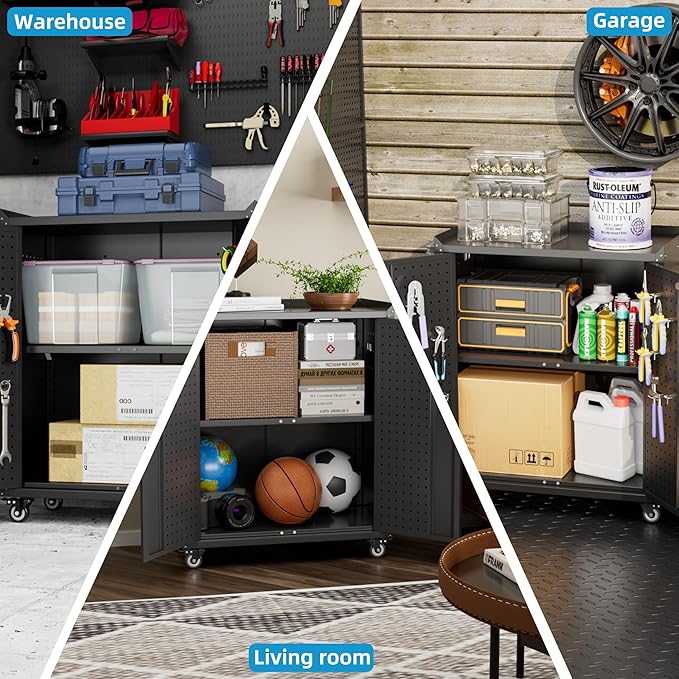 Metal Storage Cabinet with Wheels, Rolling Storage Cabinet with 2 Doors and Adjustable Shelves, Pegboard and 4 Hooks, Suitable for Garage, Home, Office, School, Black