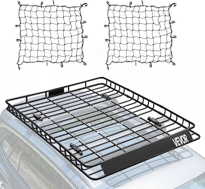 VEVOR Roof Rack Basket, 64 x 50 x 4.1 in, Universal Rooftop Cargo Carrier with Two 35.4 x 39.4 in Cargo Net,150 lbs Max Car Top Luggage Holder, 4.1 in Fence, Anti-Rust Alloy Steel, for SUV Truck Car