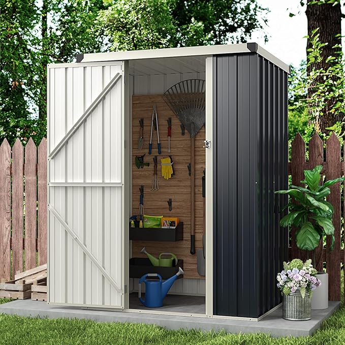 Goplus 3.8 x 2.8 FT Storage Shed Outdoor, All-Weather Steel Utility Storage House w/Lockable Door, Snap-on Arrow Leaning Organizer, Bike Tool Garden Sheds for Yard Lawn Patio