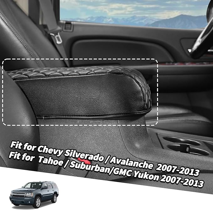 Jimen Car Center Console Cover Pad Fit for Chevy Silverado/Avalanche/Tahoe/Suburban 2007-2013, Leather Armrest Cover Fit for GMC Yukon 2007-2013 (Black)