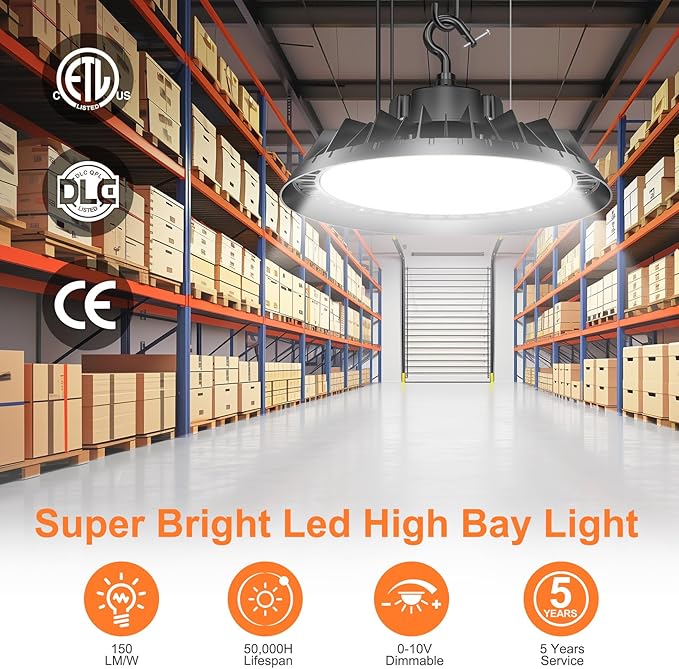 LED High Bay Lights, Super Bright 200W UFO High Bay LED Shop Lights, 30000LM 5000K, 0-10V Dimmable, 5' Cable Plug, IP65 Waterproof, ETL Listed Plug & Play Lighting High Bay for Gym Factory Warehouse