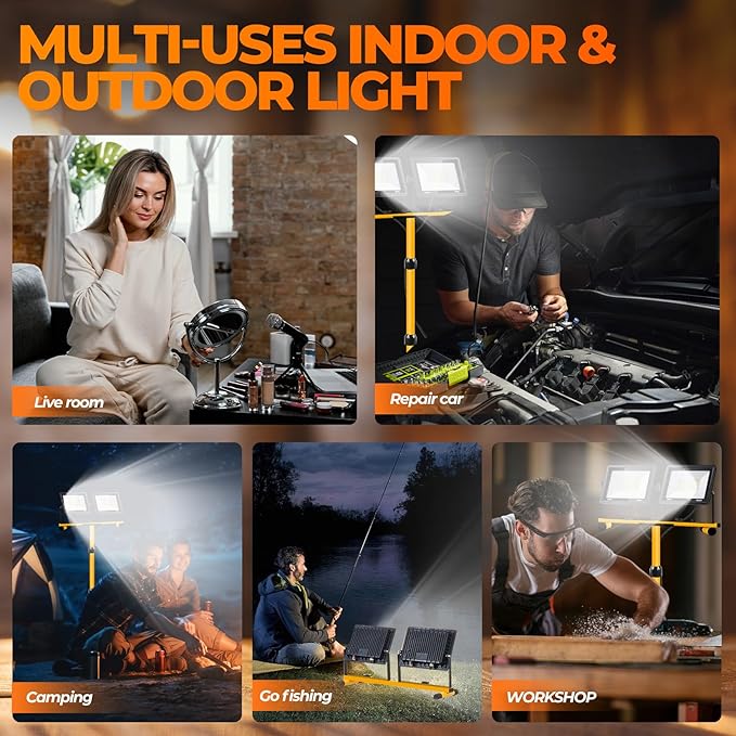 Work Lights with Stand, 2 Adjustable Head LED Work Light，Foldable Tripod Stand and Portable Removable Led Construction Lights with Individual Switch with 6500 Kelvin Color