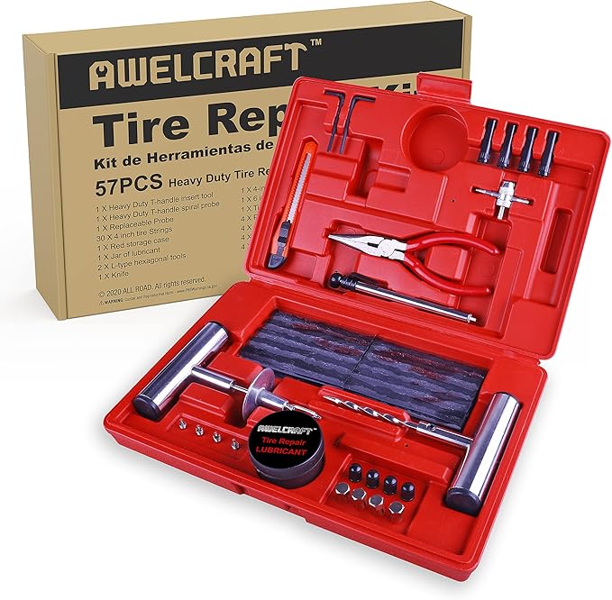 Heavy Duty Tire Repair Tools Kit - 57 PCS Set Truck Tool Box for Motorcycle, Car, ATV, Jeep, Truck, Tractor Flat Tire Plug Kit