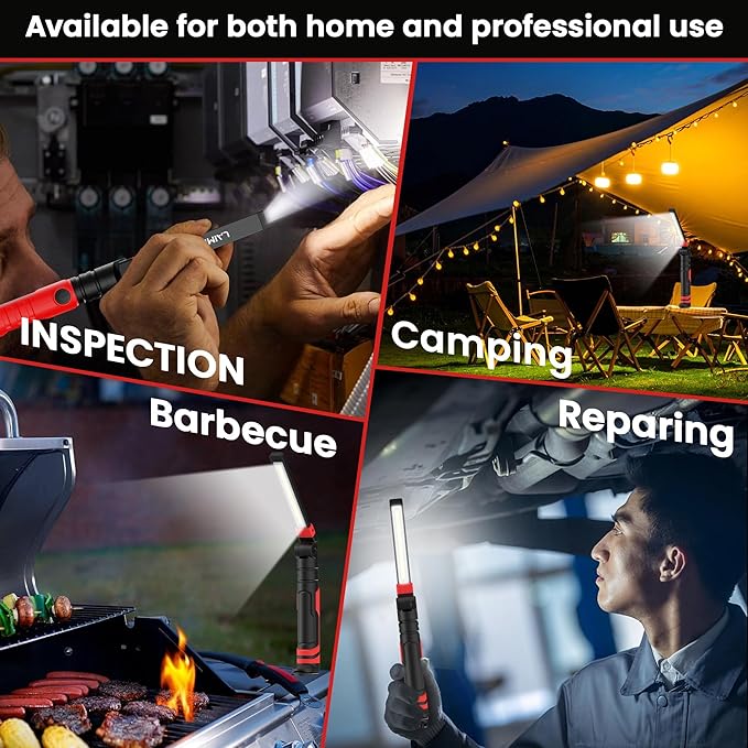 Rechargeable LED Work Light, Magnetic Flashlight Mechanic Light Tool Gifts for Men Him, Foldable Lamp with Hook for Car Repair Emergency BBQ Grill (2 Pack)