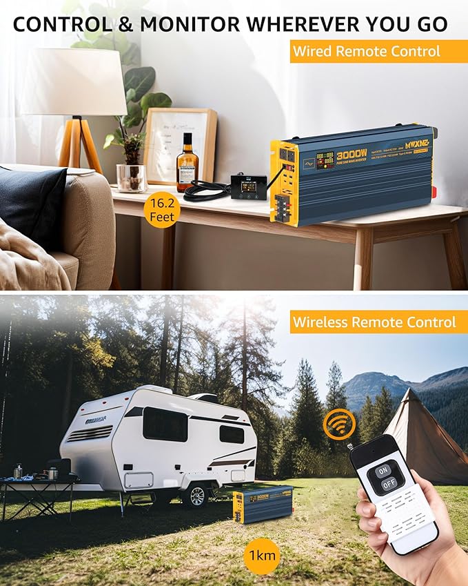 3000W Pure Sine Wave Power Inverter DC 12V to 110V 120V with Fast Charging Type-C& 3 USB Ports LCD Display Remote Controller Power Inverters for Vehicles,RV,Truck,Home,Off-Grid Solar System