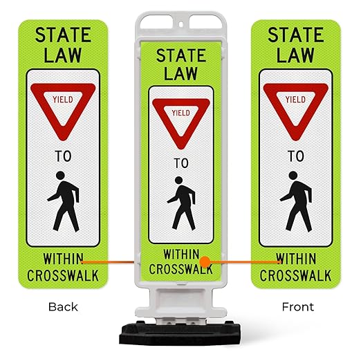 State Law Yield For Pedestrian Within Crosswalk R1-6a MUTCD Sign, Double Sided 3M Engineer Grade Reflective, Portable Rubber Base, Impact Resistant Plastic Frame