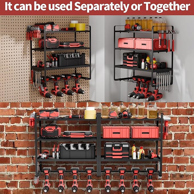 NINAT Heavy Duty 4-Tier Wall Mount Tool Organizer Rack - 8 Drill Holders, 150lb Capacity for Power Tools, Cordless Drills | Garage, Workshop, Shed & Basement Storage Solution