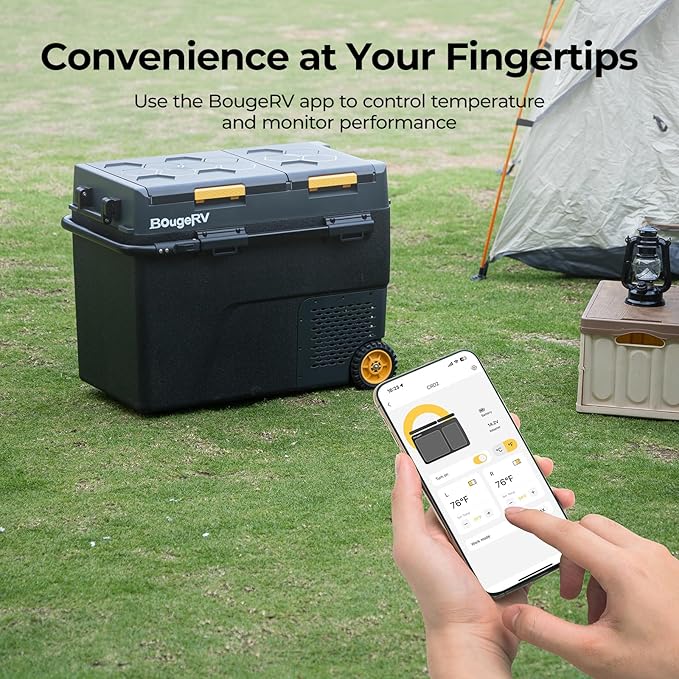 BougeRV 12 Volt Car Refrigerator, CRD2 61 Quart Portable Fridge Freezer with APP Control, -4℉ to 68℉ Dual Zone Compressor Electric Cooler 12/24V DC, 110~240V AC for Overlanding, Camping, RV, Truck