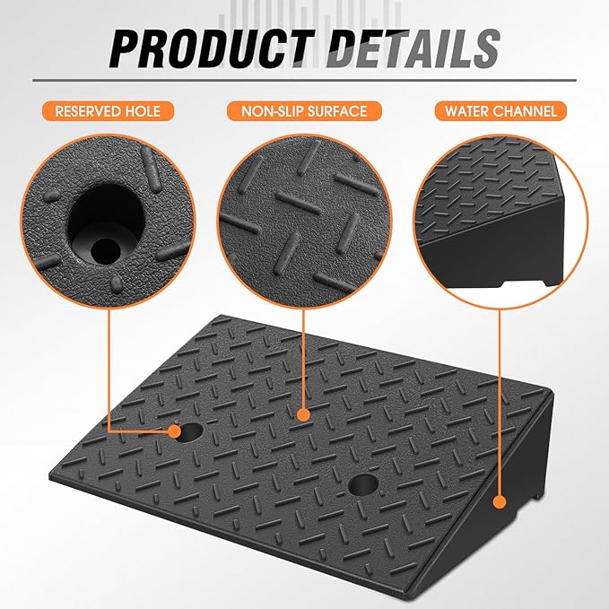 DNA MOTORING 2pcs 5.3" Rise Rubber Curb Ramp Heavy Duty Loading Driveway Ramp Threshold Ramp 19.5 in L x 13.6 in W x 5.3 in H for Loading Dock, Warehouse, Wheelchair, Motorcycles, Cars, TOOLS-00646