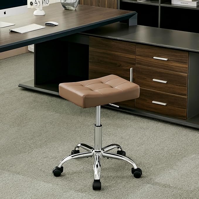 Ergonomic Desk Stool with Wheels (Adjustable Height 17"-21") (300lbs Capacity) Faux Leather Office Stool (Coffee Brown)