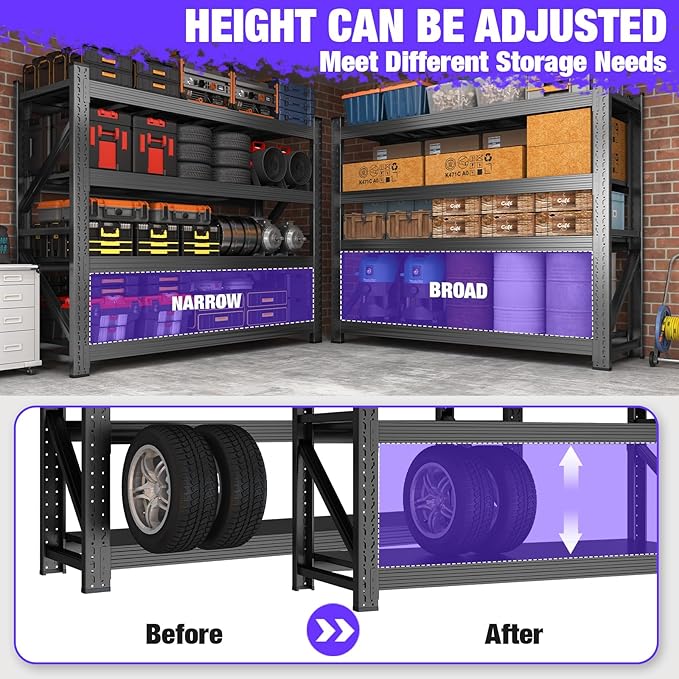 Metal Garage Shelving Unit, Heavy Duty 4-Tier Adjustable Storage Rack, 6000 LBS Loads Industrial Utility Shelves for Garages, Warehouses, Kitchen, Black, 71" W x 24" D x 71" H