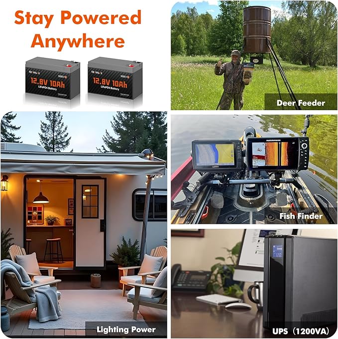 2 Pack 12V 10Ah Lithium LiFePO4 battery,Built-in 10A BMS,Lightweight Design,Up to 5000+ Deep Cycles,10 Years Lifespan, Upgrade Now for Fish Finder,Small UPS,Solar Power,Ride-on Toys,Lighting