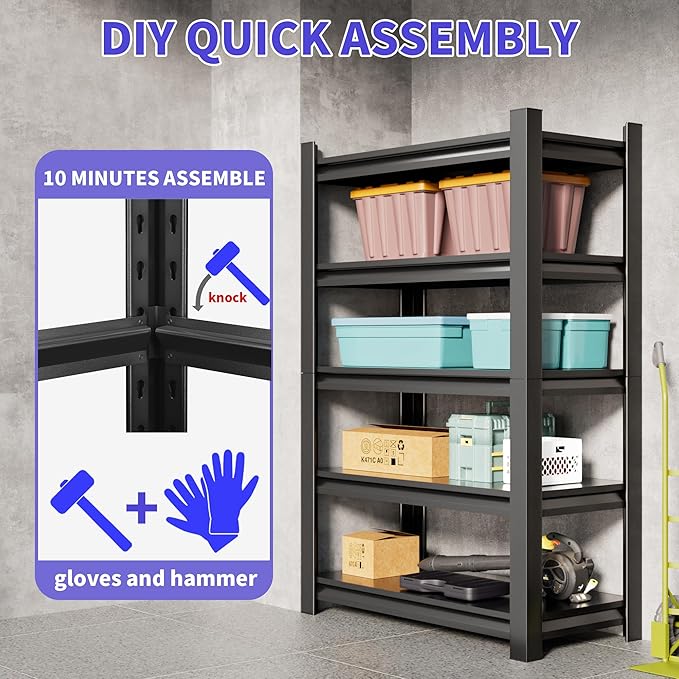 5-Tier Heavy Duty Metal Garage Shelving Unit, 24" D x 48" W x 72" H, Industrial Style, Adjustable Shelves, 3000 lbs Capacity