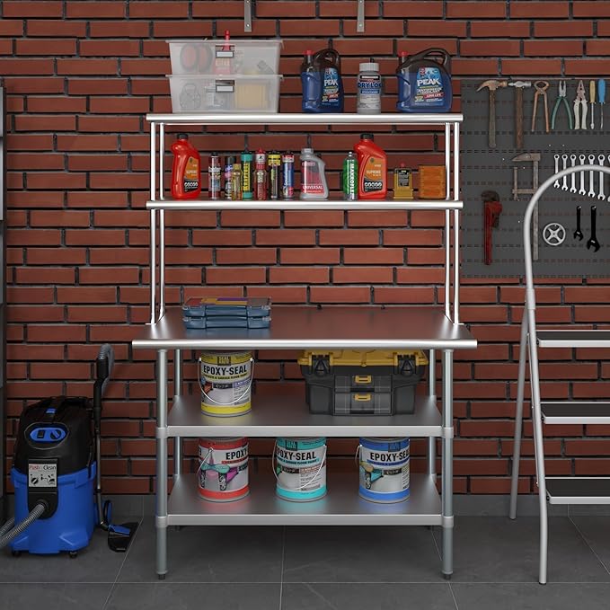 Amgood Stainless Steel Work Table with 2 Shelves | Metal Kitchen Prep Table & Shelving Combo (24" x 48" Table with 2 Shelves + 12" Overshelf)