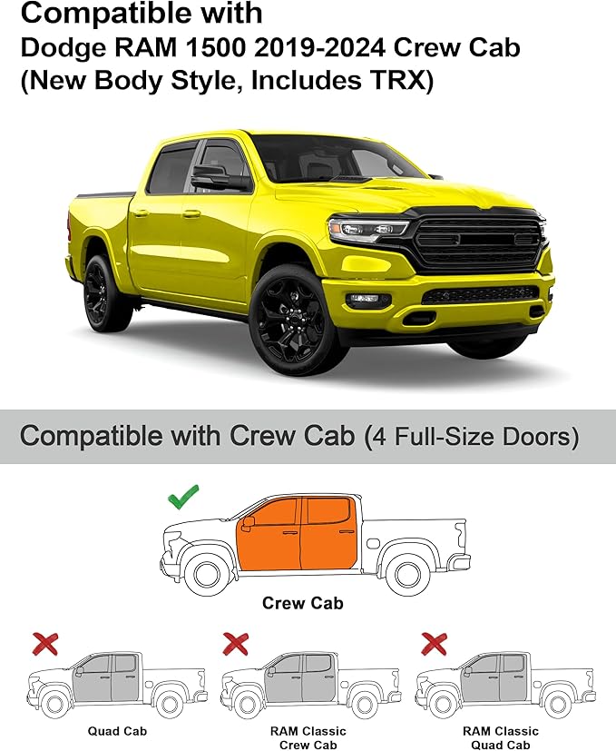 in-Channel Window Rain Guards Fit for Truck Dodge RAM 1500 (New Body Style Includes TRX) 2019-2025 Crew Cab Extra Durable Window Deflectors Vent Visors Shades Exterior Car Accessories