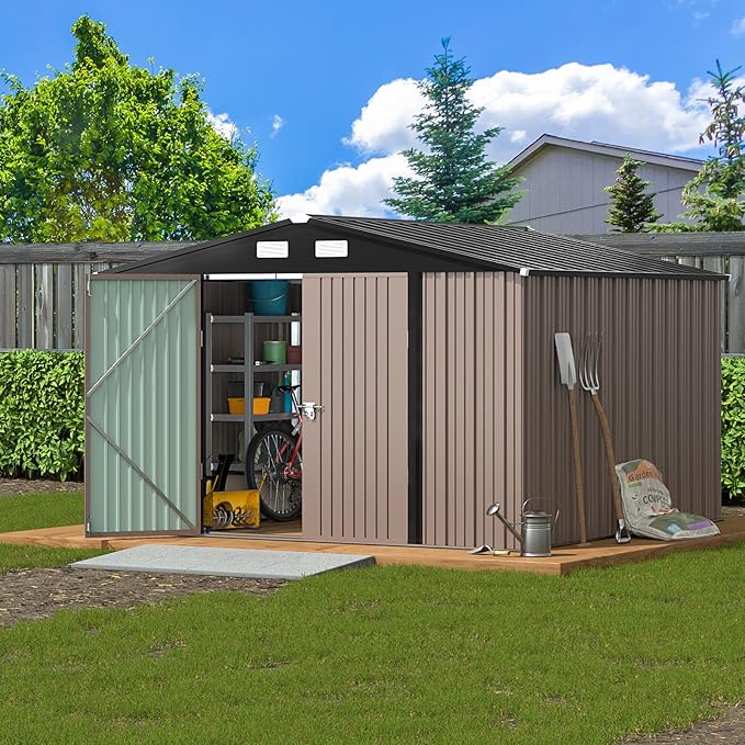 UDPATIO Outdoor Storage Shed 10x10 FT, Outside Sheds & Outdoor Storage Metal Galvanized Steel for Backyard, Patio, Lawn, Tool Shed with Lockable Door for Trash Can, Bike, Lawnmower, Generator