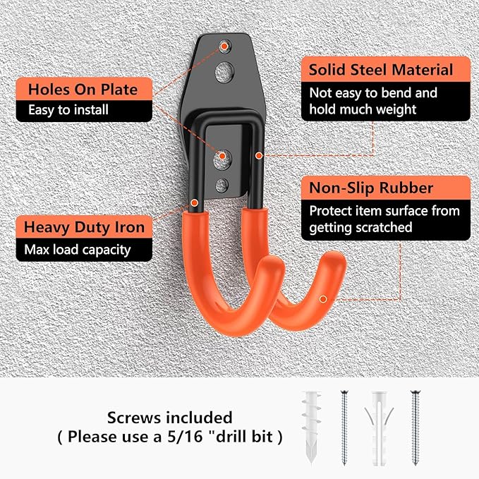 4 Pack 4.7x2.6 Inch Utility Steel Wall Mount Heavy Duty Garage Hooks with Anti-Slip Coating,Storage More Yard,Garden and Power Tools and for Hanging Hose,Ladder and Bike