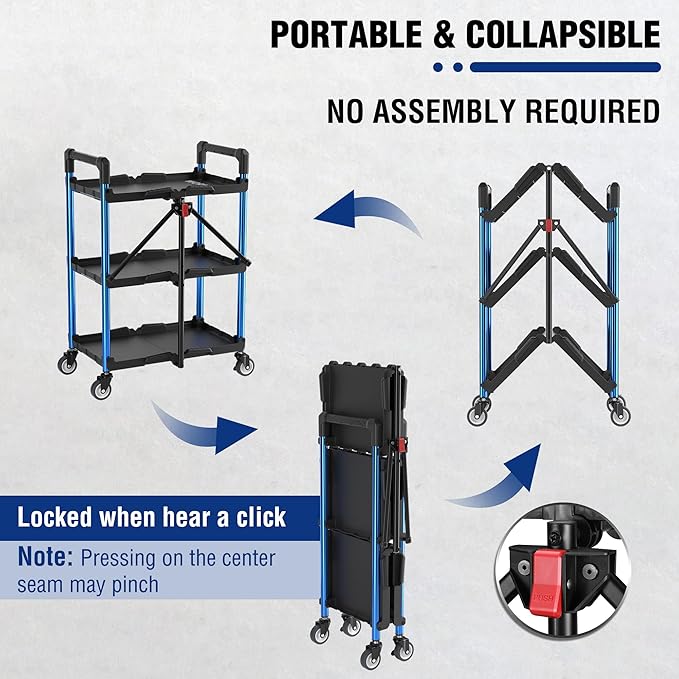WORKPRO 3-Tier Collapsible Service Cart, 210 LBS Foldable Utility Service Cart with Wheels, Portable Tool Cart for Garage, Warehouse, Home, Restaurant, Office (No Assembly Required)