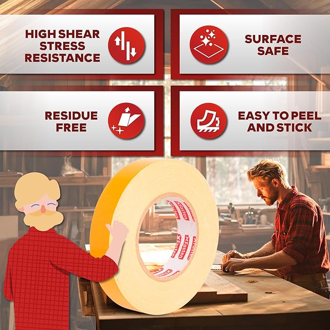 XFasten Double Sided Woodworking Tape 4 Inches x 90 Feet, Residue-Free and Removable Double Sided Wood Mounting Boards, Masking Tape for Wood Template, MDF, Metal, Edge Banding, Routing, Anchoring