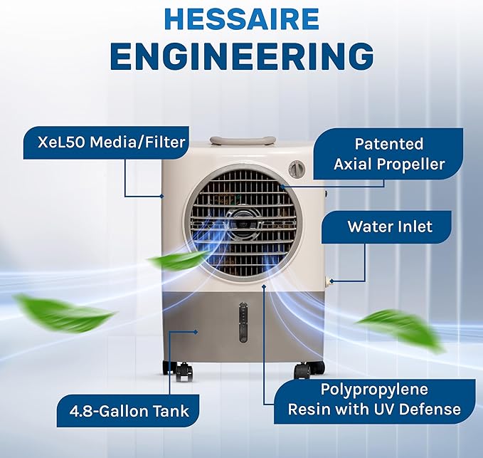 Portable Swamp Coolers - 1300 CFM MC18M Evaporative Air Cooler with 2-Speed Fan, 53.4 dB - 500 sq. ft. Coverage Evaporative Air Cooler Portable High Velocity Outdoor Cooling Fan by Hessaire - White