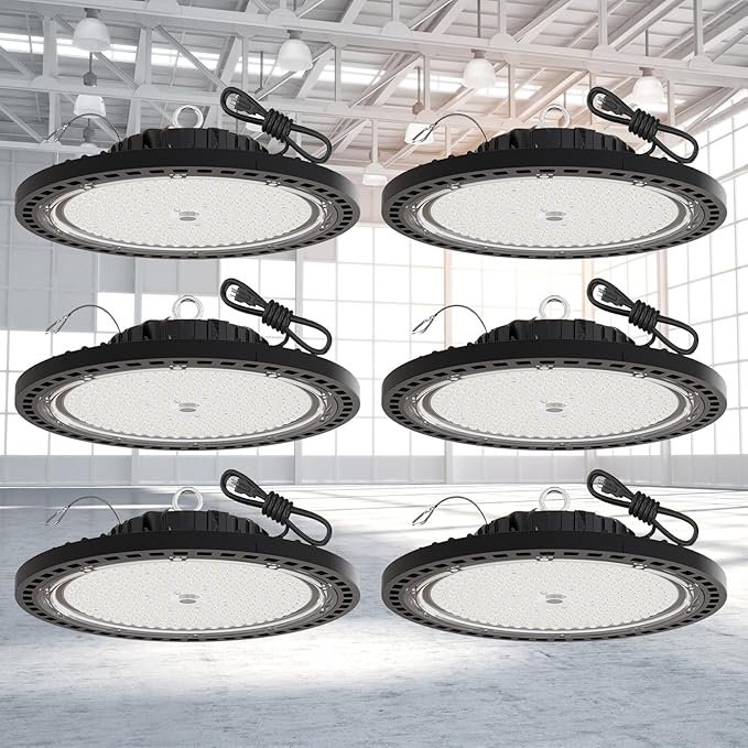 6 Pack UFO LED High Bay Light 150W, 21000 LM, 5000K with 5ft Power Cord, US Plug, Bright LED Shop Light for Basement Commercial Factory Garage Lighting, IP66 Waterproof, AC110-277V, ETL Listded