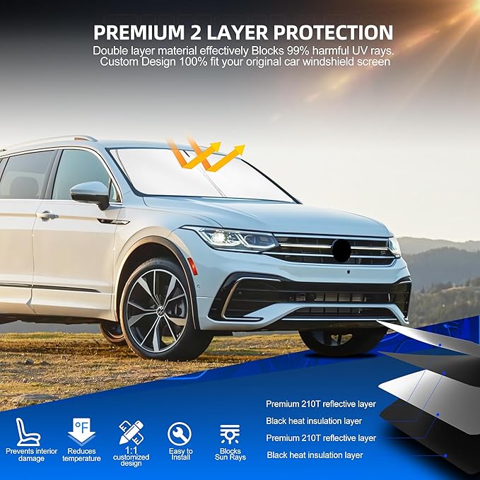 Windshield Sun Shade for Volkswagen VW Tiguan 2018-2025 Foldable Sunshade Custom Fit Front Window Car Interior Accessories Protector Blocks UV Rays