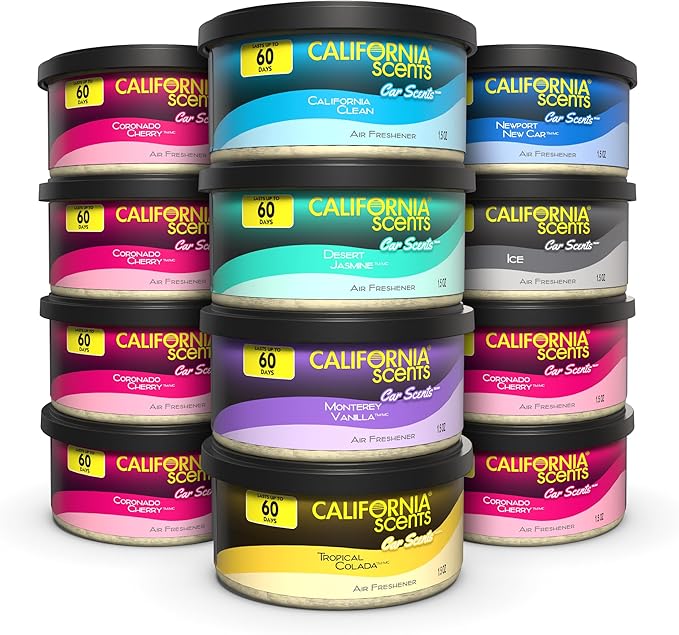 Can Air Freshener and Odor Neutralizer by California Scents, Set of 12 Spillproof Cans for Home and Car, Assorted Scents, 1.5 Oz Each