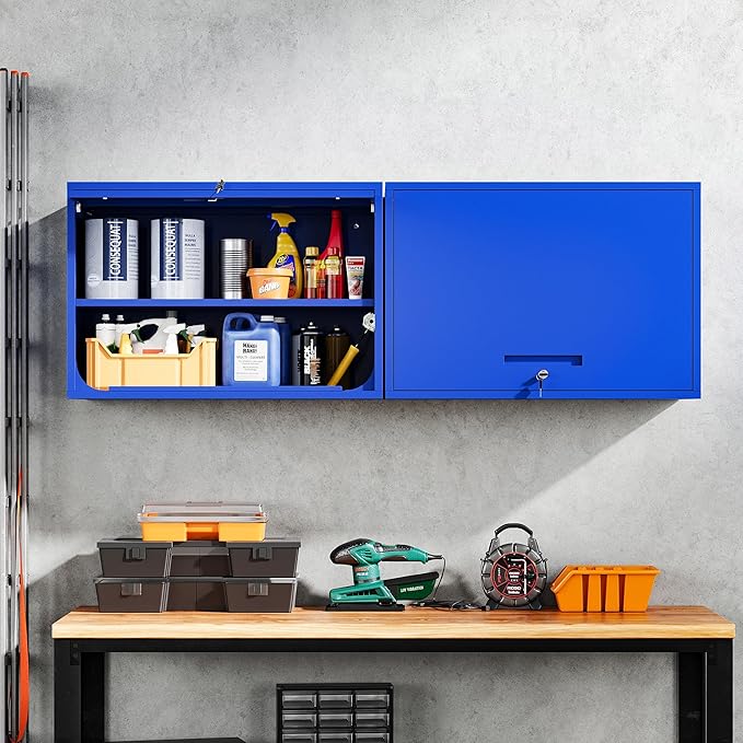 Yizosh Metal Garage Wall Cabinet with Doors and Shelves, Wall Mounted Metal Storage Cabinet, Floating Garage Tool Cabinet for Garage, Basement, Kitchen, Warehouse (Blue, 21.6" H)