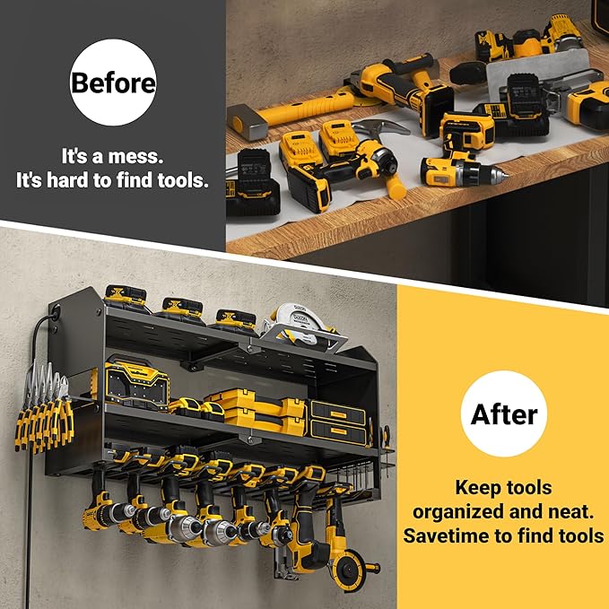 YYR Power Tool Organizer with Charging Station Wall Mount, Cordless Drill and Battery Holder for Garage Organization, Electric Tools Storage Rack Build in Surge Protection Power Strip - Black Shelf