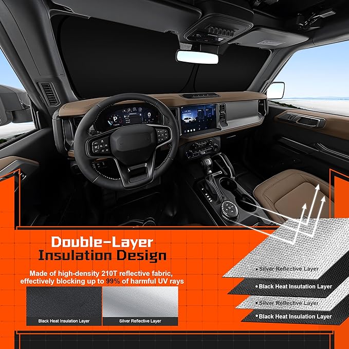 Custom Fit Windshield Sun Shade for Toyota Highlander 2020-2025 - Full Coverage, 210T Reflective Fabric, Double-Layer Design - Blocks 99% UV Rays, Keeps Car Cool, Easy to Install and Store