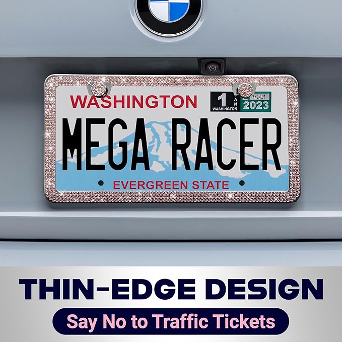 Glamorous Bling License Plate Frame for Women - 1 Pack, 800 Premium Pink Rhinestones, Rust-Free Stainless Steel, Street Legal Slim Design, Sparkly Diamond Car Tag Holder with Glitter Crystal Covers