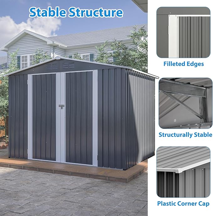 8x6 FT Outdoor Tool Storage Shed with Metal Foundation & Lockable Doors, All Weather Metal Sheds for Garden, Patio, Backyard, Lawn,